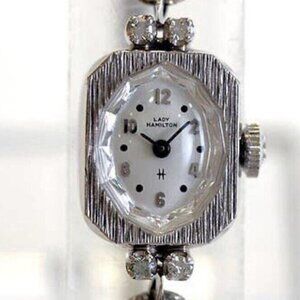 Vtg Lady Hamilton White 14K Gold & Diamond Watch